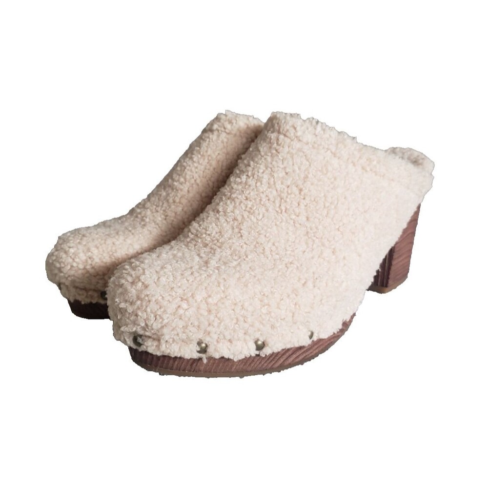 Korks by Kork Ease Studded Teddy Round Toe Block Heel Slip On Clogs Beige Sz 11M